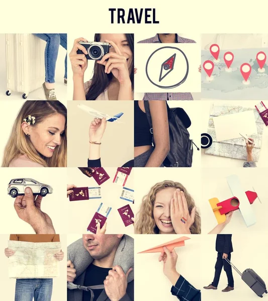 Collage con personas de diversidad y viajes — Foto de Stock