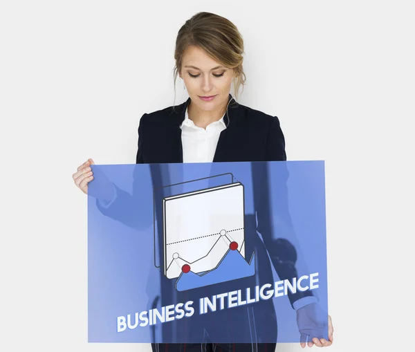 Business vrouw houdt glas poster — Stockfoto