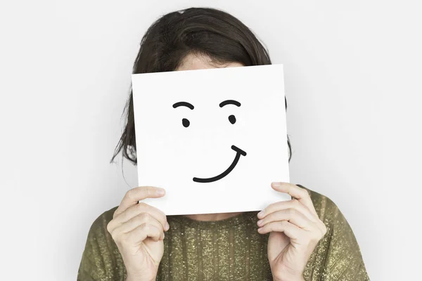 Donna in possesso di carta emoji . — Foto Stock
