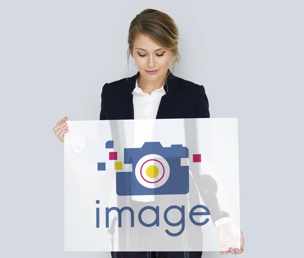 Business woman holding glass poster — Stock Photo, Image