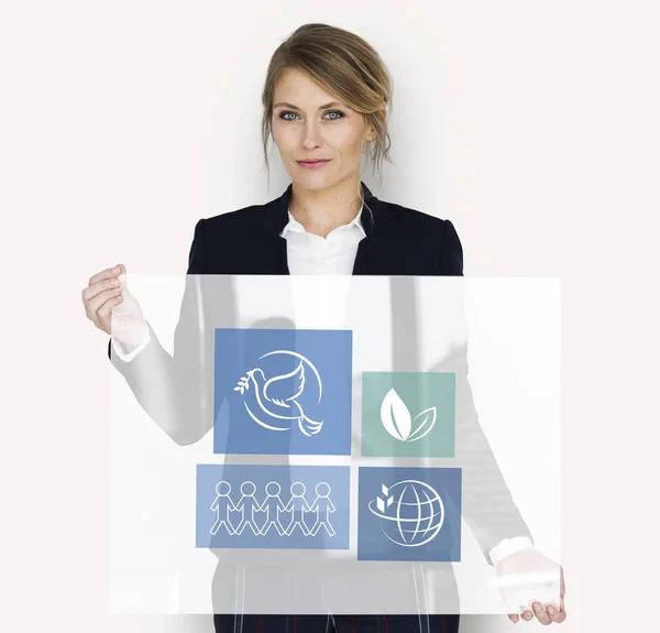 Business woman holding glass poster — Stock Photo, Image