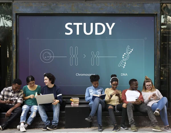 Unga studenter lokaliseringen nära plakat — Stockfoto