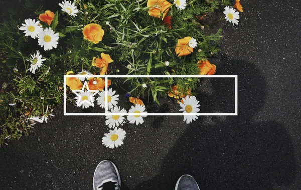 Piedi della persona in piedi vicino ai fiori — Foto Stock