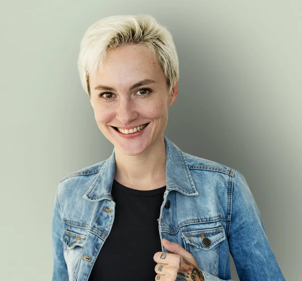 Blonde Woman in jeans jacket — Stock Photo, Image