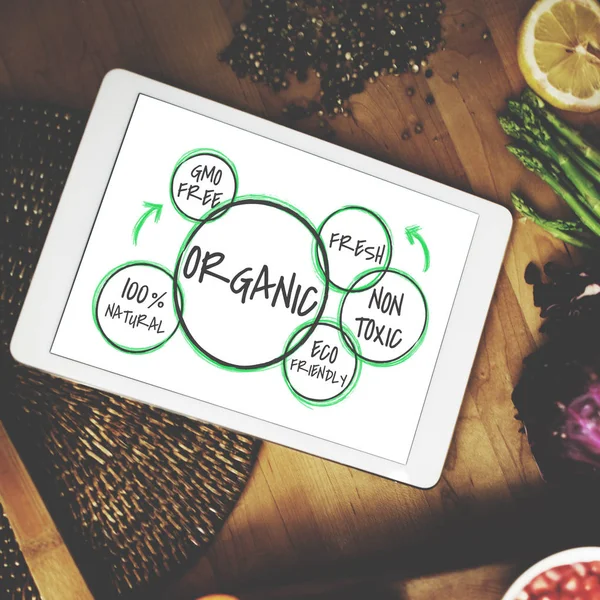 Tablet Digital Atas Meja Dengan Makanan Alami Layar Dengan Teks — Stok Foto