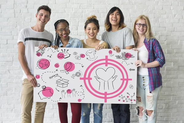 Friends holding banner — Stock Photo, Image