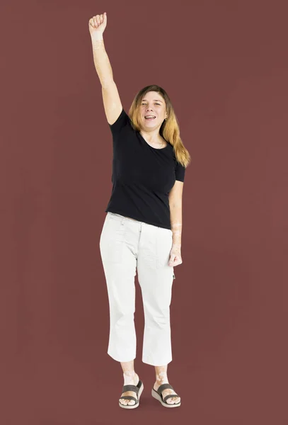 Kobieta trzyma ręką uniesioną do góry — Zdjęcie stockowe