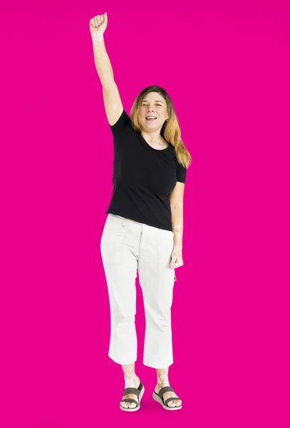 Woman holding hand raised — Stock Photo, Image