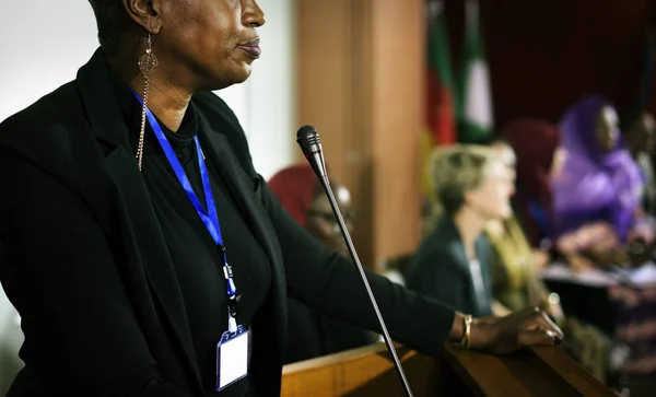 Speaker african woman talking — Stock Photo, Image