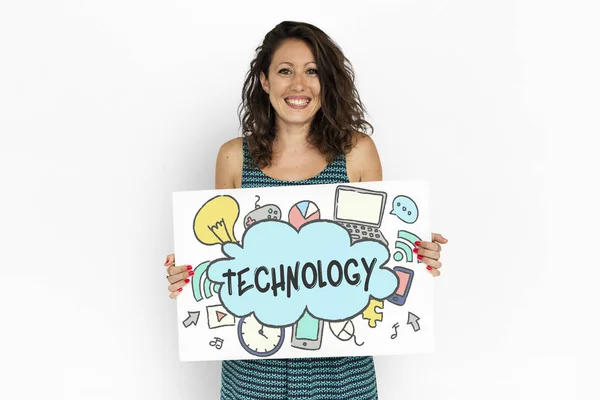 Young woman holding banner. — Stock Photo, Image