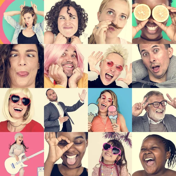Diversiteit mensen maken van grappige gezichten — Stockfoto