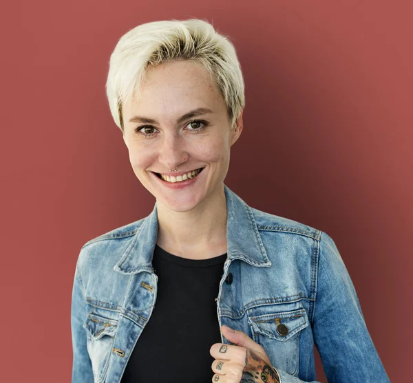 Blonde Woman in jeans jacket — Stock Photo, Image