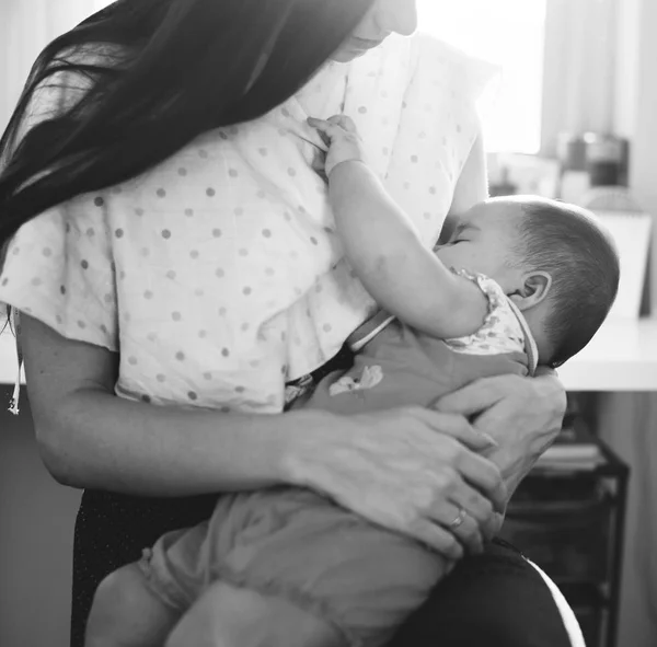 갓 태어난 아기에게 젖을 먹이는 어미 — 스톡 사진