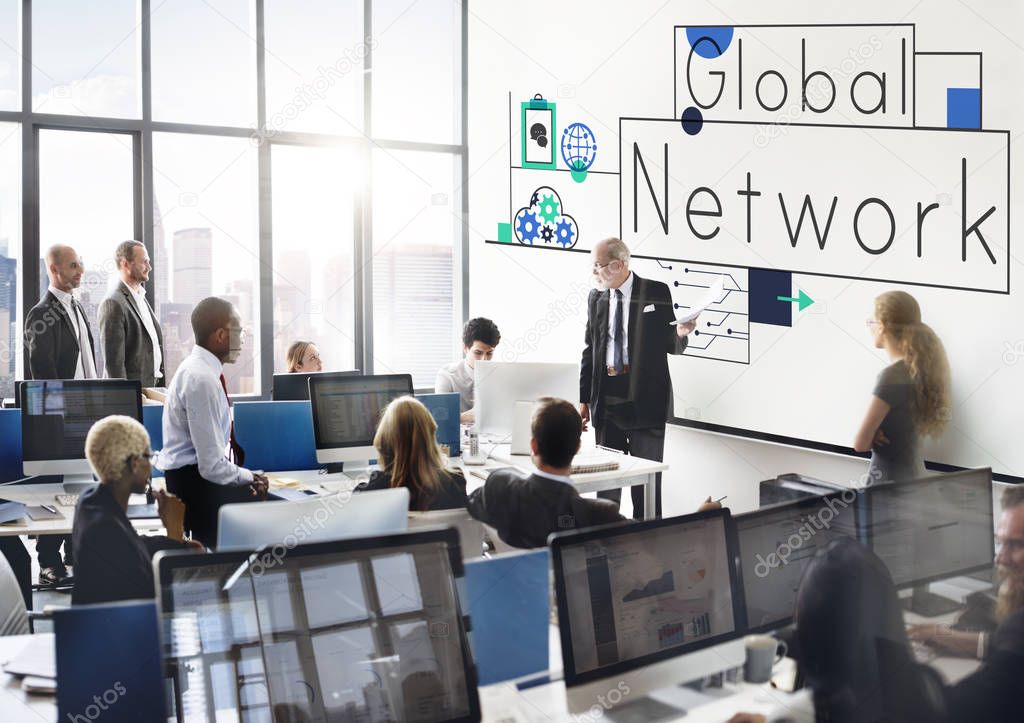 Group of business people working in office with computers and Global Network Concept