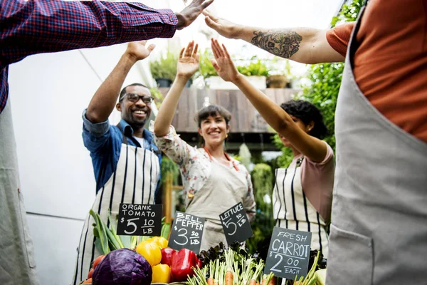 Friends opening vegetable shop — Stock Photo, Image