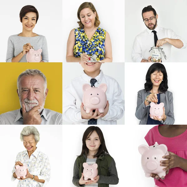 Mensen die geld besparen in piggy bank — Stockfoto