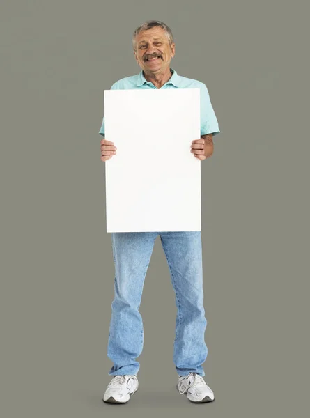 Man with mustache holding white placard — Stock Photo, Image
