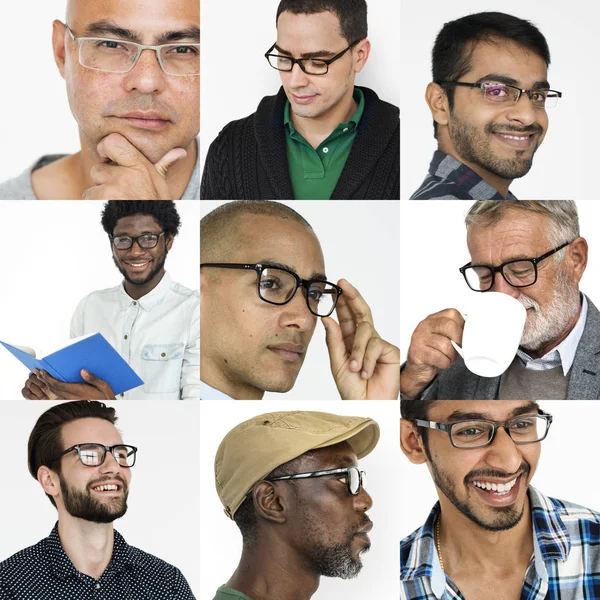 Set van diversiteit mannen dragen brillen — Stockfoto