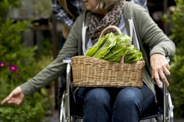 Женщина, сидящая на инвалидной коляске — стоковое фото