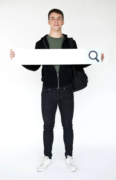 Man holding searching blank banner — Stock Photo, Image