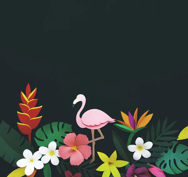 Bloemen en origami roze flamingo — Stockfoto