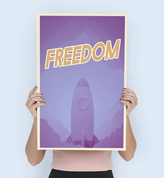 Kadın holding büyük afiş — Stok fotoğraf