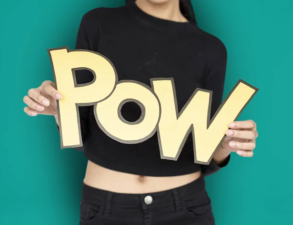 Kvinna som håller word pow — Stockfoto