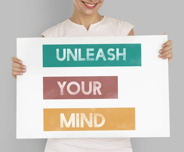 Woman holding banner — Stock Photo, Image