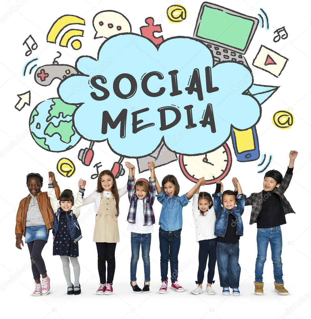 Diversity children in studio, togetherness concept, title: Social Media