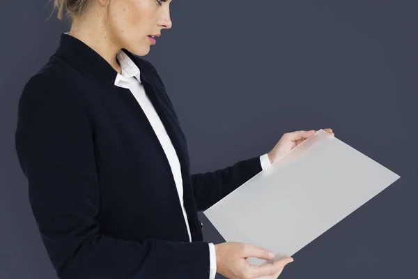 Business woman holding glass poster — Stock Photo, Image