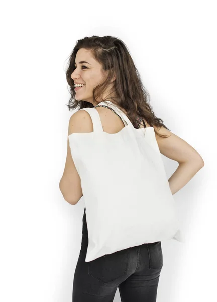 Mulher segurando saco — Fotografia de Stock