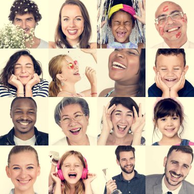 mutlu ve gülümseyen insanlarla yüz ifadeleri