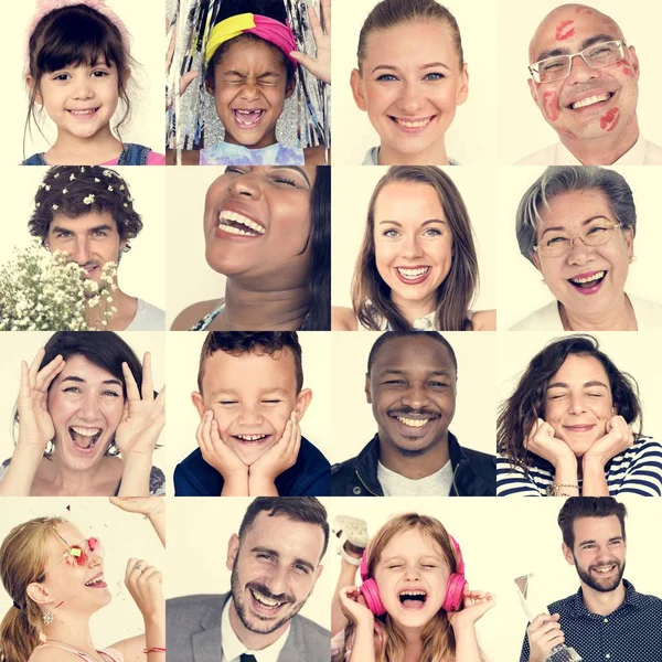 Счастливые и улыбающиеся люди с выражениями лица — стоковое фото