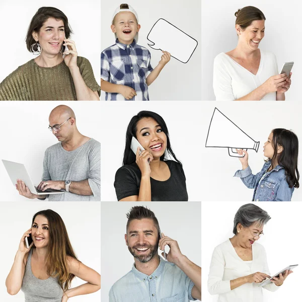 Pessoas que utilizam diversas tecnologias de comunicação — Fotografia de Stock