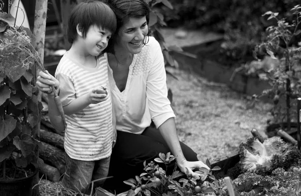Мальчик с учителем садоводства на открытом воздухе — стоковое фото