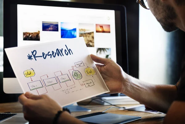 Man holding picture in front of monitor screen — Stock Photo, Image