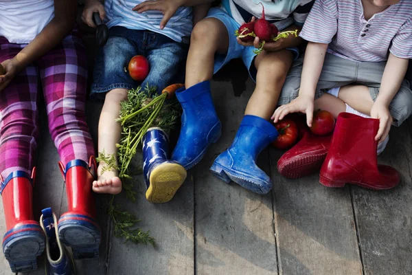 Anak-anak Duduk dengan Sayuran Segar — Stok Foto