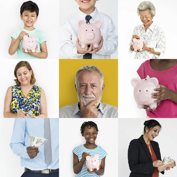 People saving money in piggy bank — Stock Photo, Image