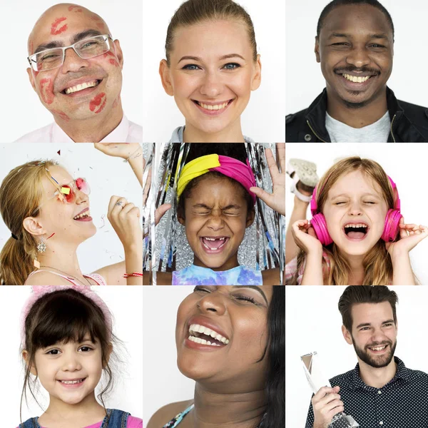 Счастливые и улыбающиеся люди с выражениями лица — стоковое фото