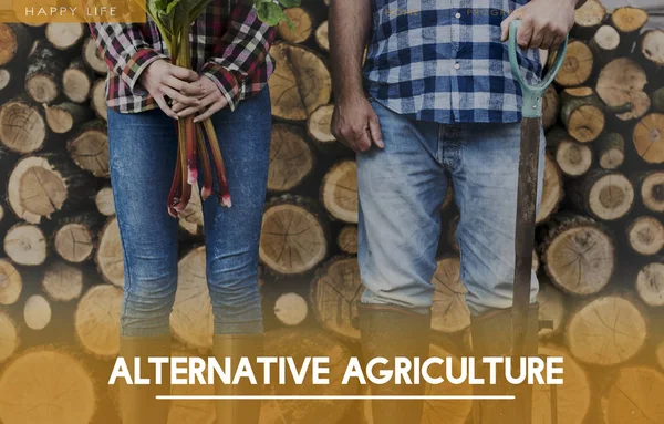 Agricultores en jeans y botas con leña — Foto de Stock