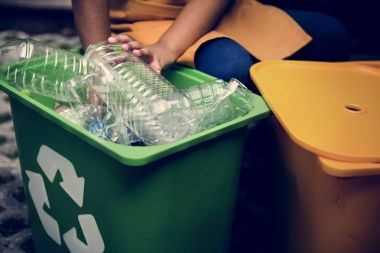 person Separating Recyclable Trash, plastic bottles concept, original photoset clipart