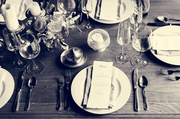 Elegante Tischdekoration Für Den Empfang Mit Speisekarte Originelle Fotosets — Stockfoto
