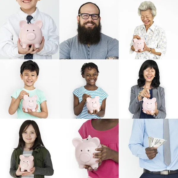 Pessoas de poupança de dinheiro no banco porquinho — Fotografia de Stock