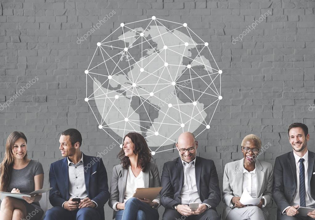 Business people in row brainstorming, white collar workers concept