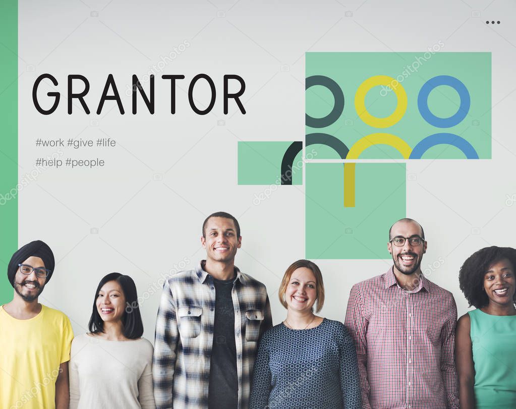 Group of diversity people stands near wall with Grantor concept