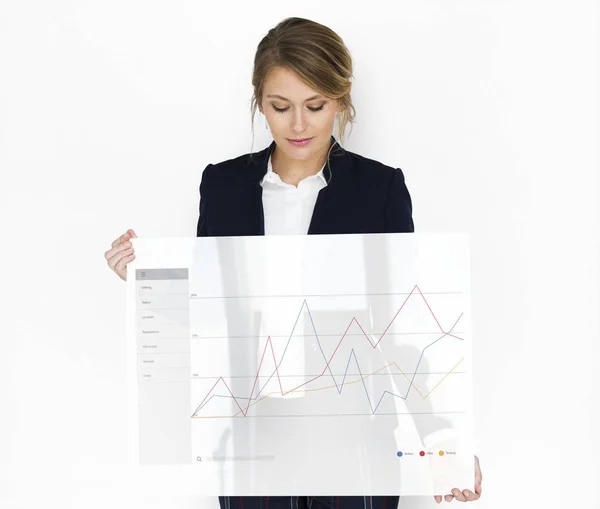Business woman holding glass poster — Stock Photo, Image