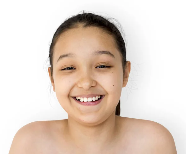 Mujer sonriente con expresión de cara feliz — Foto de Stock