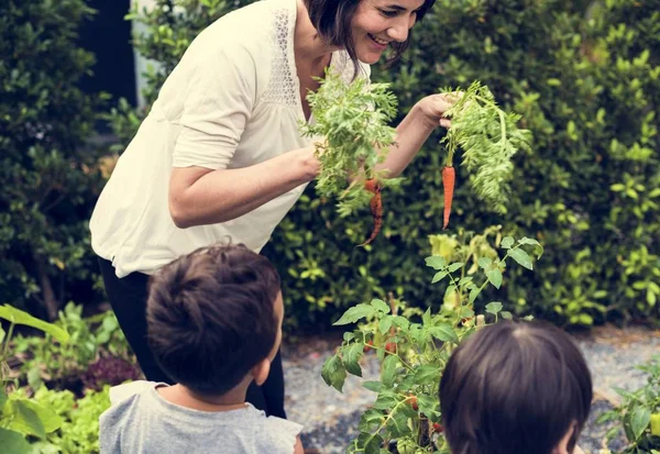 Niños en un jardín experimentando la naturaleza — Foto de Stock