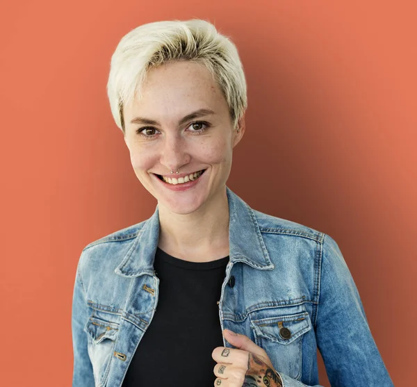 Blonde Woman in jeans jacket — Stock Photo, Image