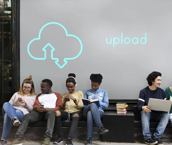 Young students siting near placard — Stock Photo, Image